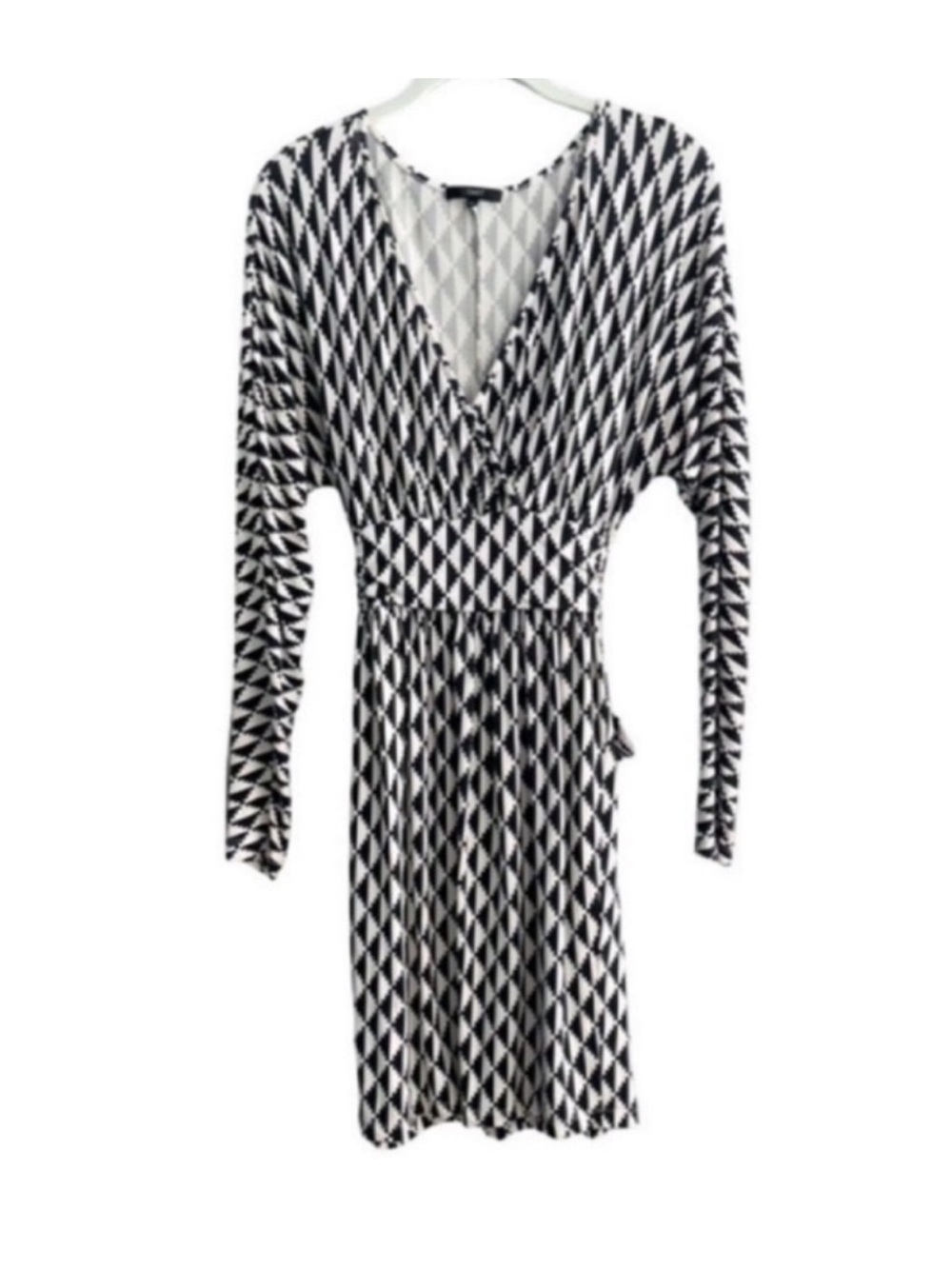 Tart Size Long Sleeve Dress Tie Waist V-neck Geometric Print Black White XS